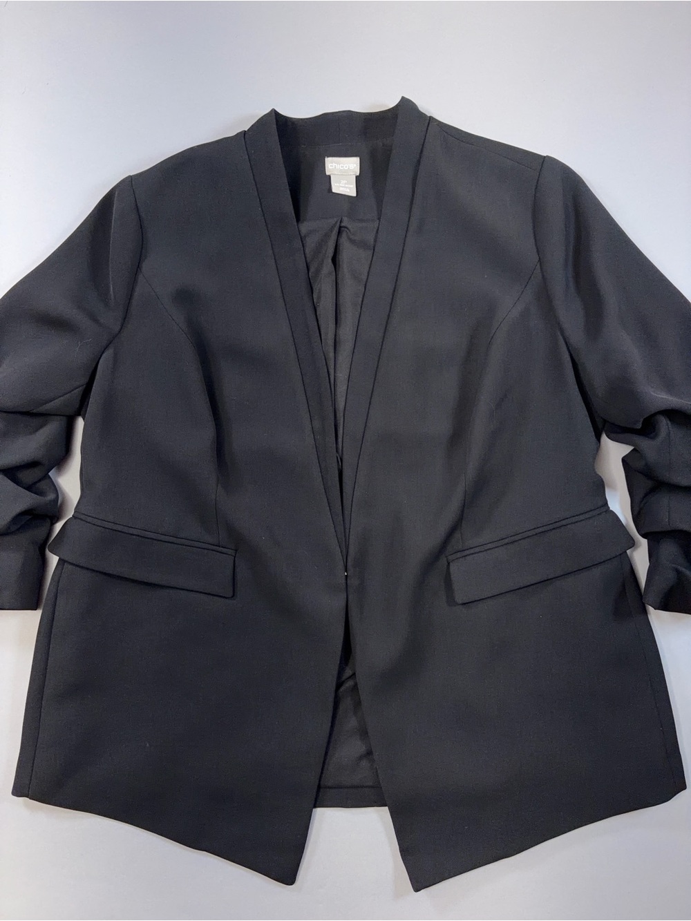 Chico’s 2P Black Ruched Sleeve Tailored Blazer Jacket Shawl Collar 12/14 Petite